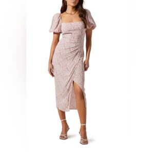 Astr the Label Puff Sleeve Front Slit Midi Dress in Pink Mulit Ditsy - NWOT